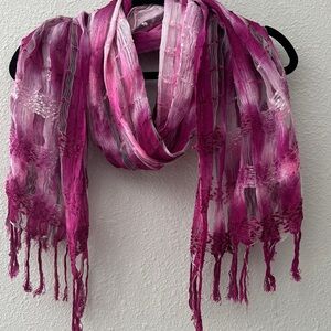 Boho Fringe Scarf or Shawl.
Rose, Pink &  White Tie-Dye Fringe 
Cotton blend 
OS